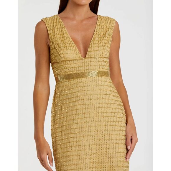 MAC DUGGAL Gold Beaded Cap Sleeve V Neck Column Gown In Gold US 2 $598 - Picture 2 of 10